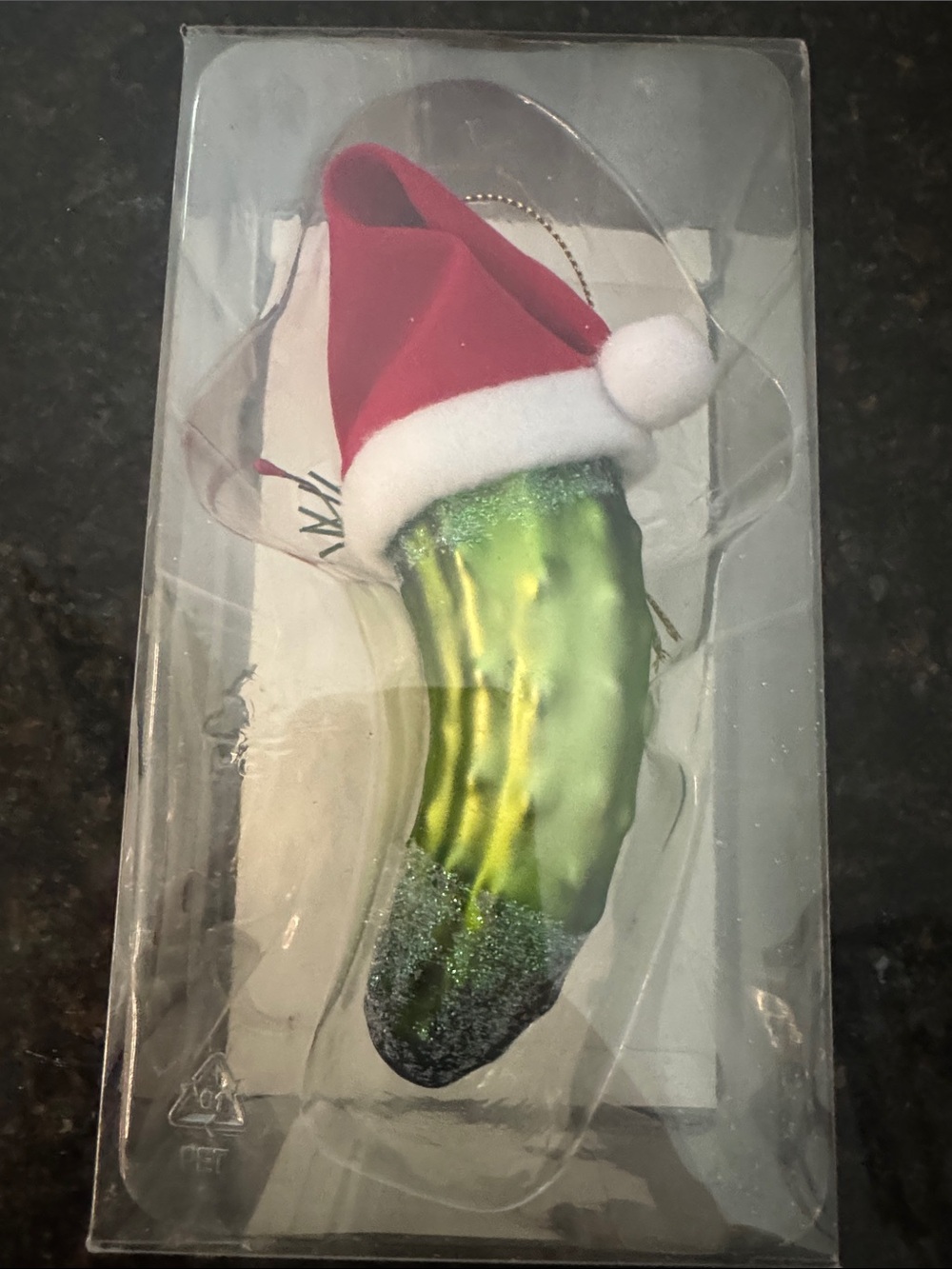 Green Glass Pickle Christmas Ornament with Red Santa Hat